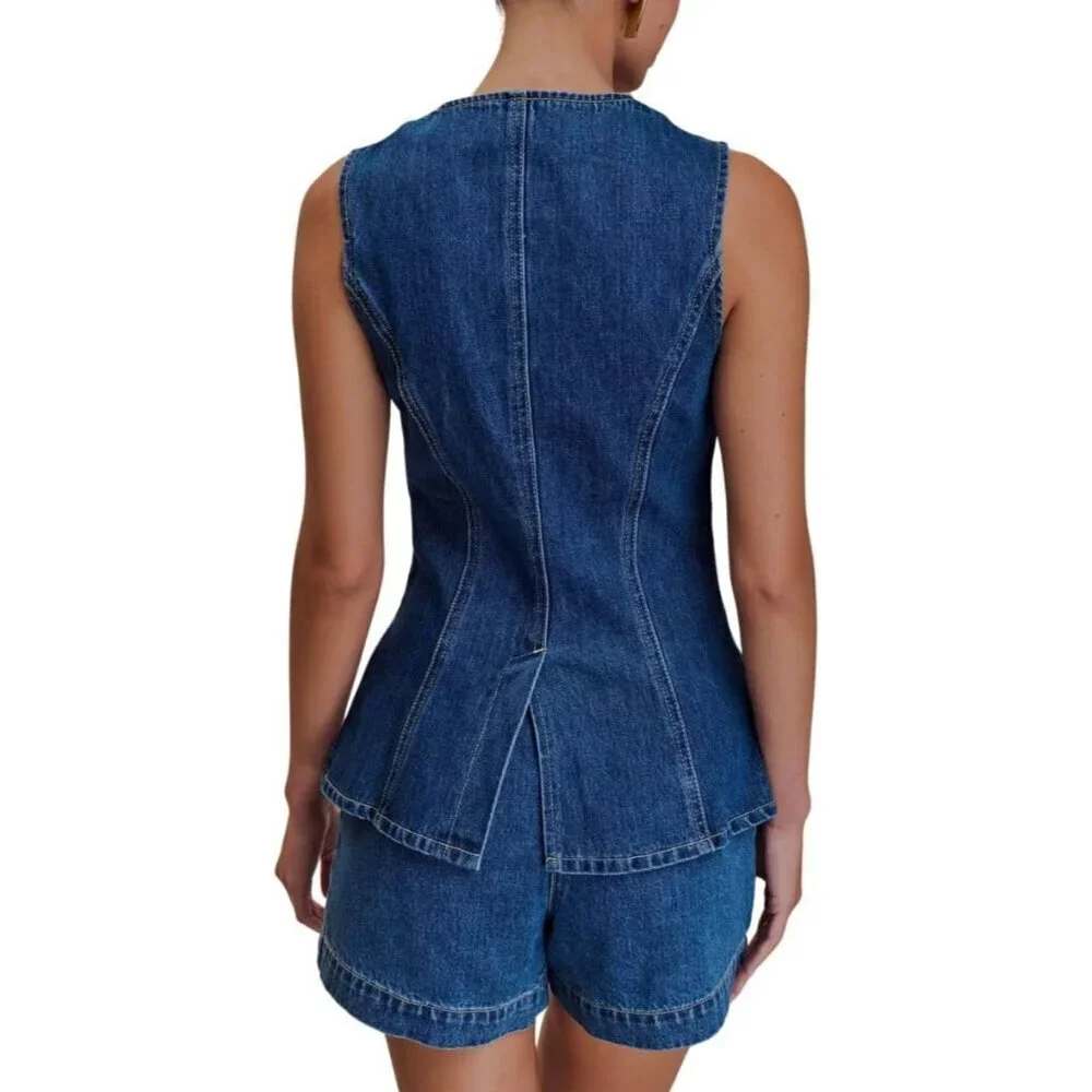 Women's Denim 2 Piece Set Sleeveless Button High Waist Shorts Casual Outfit